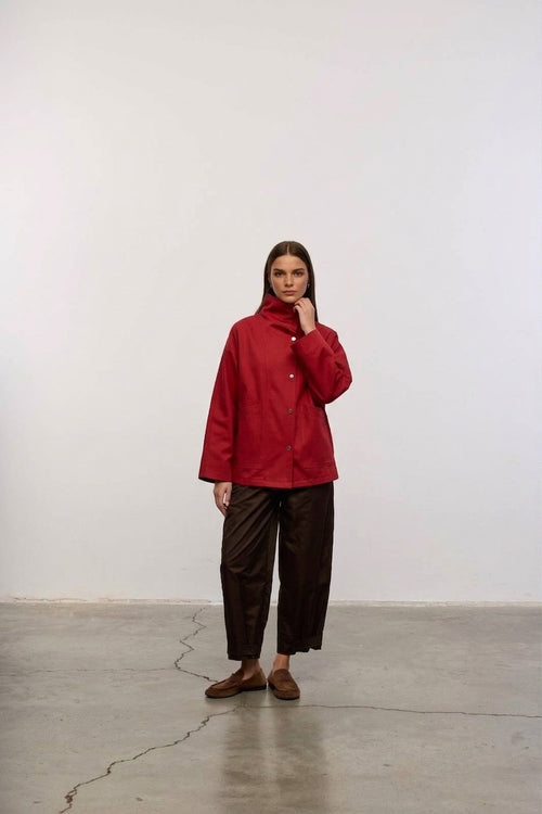 Minimalist Dik Yaka Ceket / Oversize Şerit Detaylı Ceket – Krem