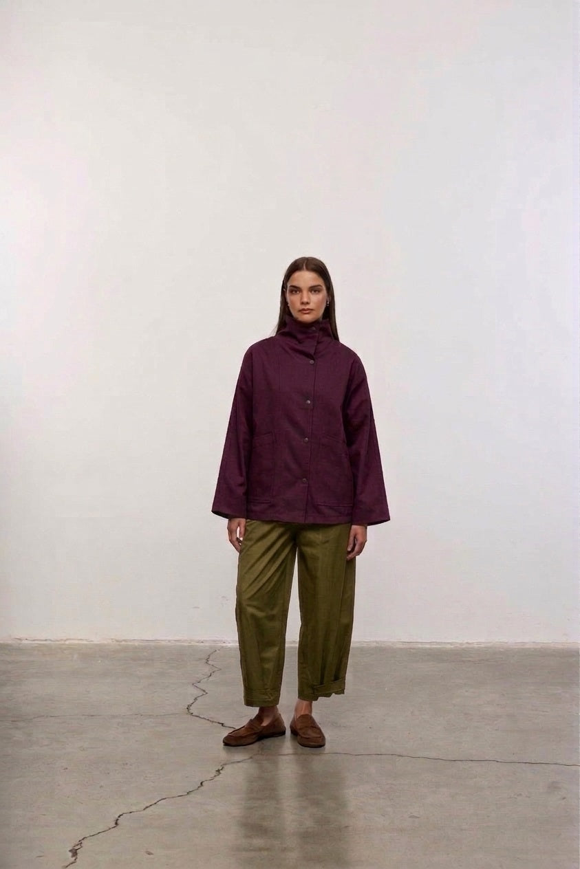 Minimalist Dik Yaka Ceket / Oversize Şerit Detaylı Ceket – Krem