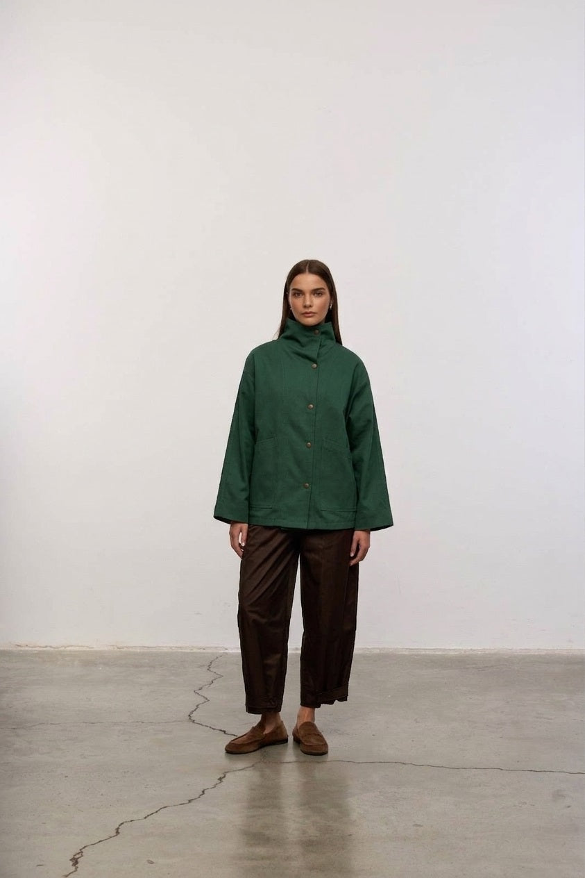 Minimalist Dik Yaka Ceket / Oversize Şerit Detaylı Ceket – Krem